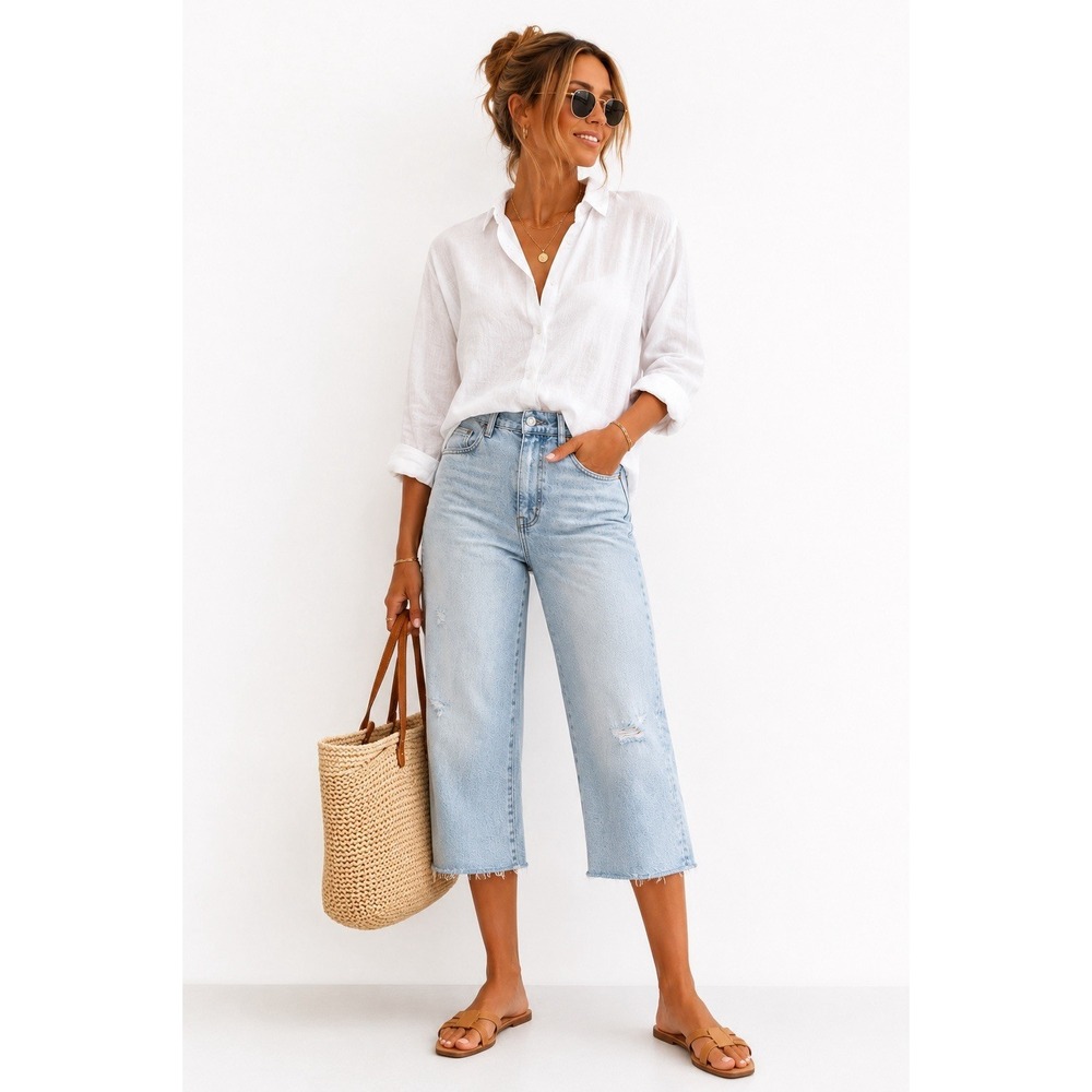 Pistola Lennon Distressed Vintage Light Wash Wide Leg Crop Jean NWT Size 33 14